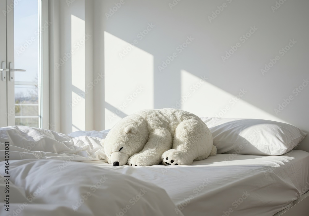 Stuffed polar bear sleeping on white bed in bright room near window Stuffed polar bear sleeping on white bed in bright room near window