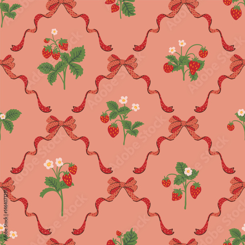 Red wild strawberry coquette ribbon bow trellis checkered seamless pattern Damask Rhombus Background