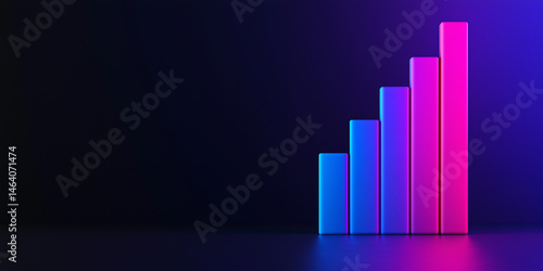 Abstract 3d rendered bar chart demonstrating financial growth with colorful neon blue and pink lighting effects