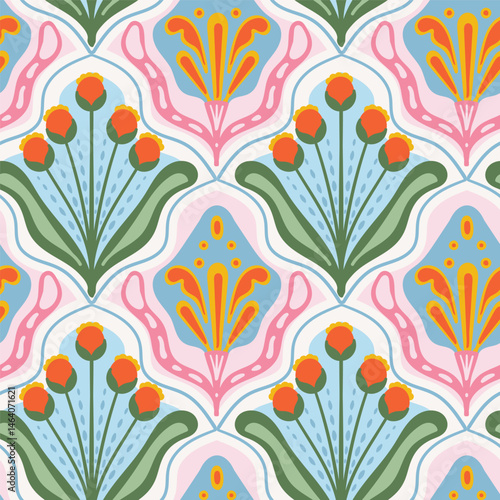 Retro Seventies abstract floral organic seamless pattern. Flower shape groovy style indie texture
