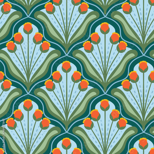Retro Seventies abstract floral organic seamless pattern. Flower shape groovy style indie texture