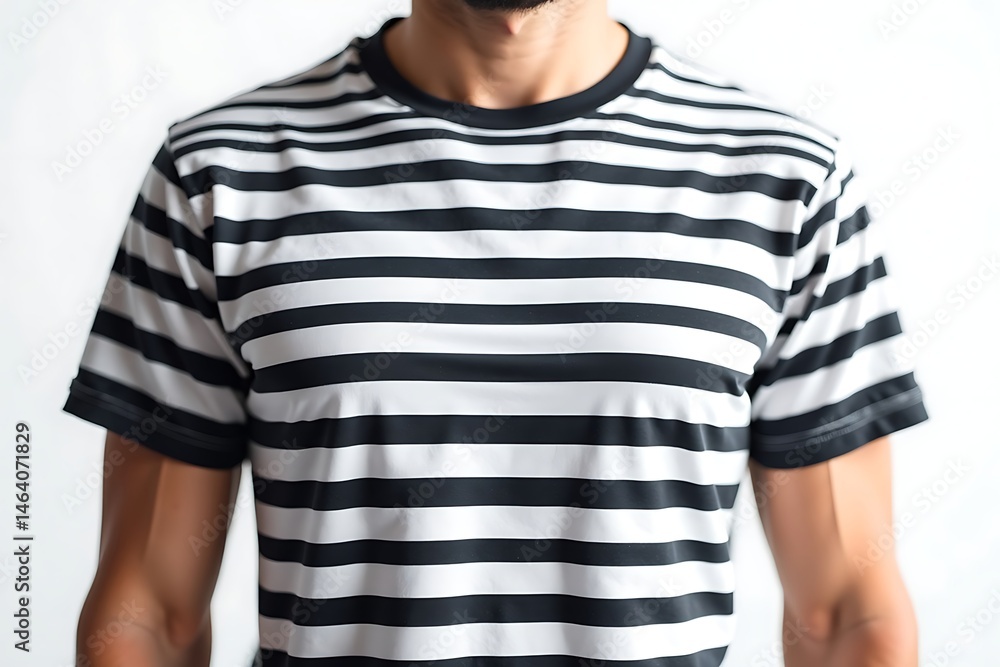 Man Wearing a Black and White Striped T-Shirt: Close-Up of Torso, Shoulders, and Upper Arms on a Clean White Background, Ideal for Fashion and Lifestyle Content Man Wearing a Black and White Striped T-Shirt: Close-Up of Torso, Shoulders, and Upper Arms on a Clean White Background, Ideal for Fashion and Lifestyle Content