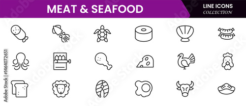 Meat, poultry, fish and eggs - minimal thin line web icon set. Outline icons collection. Simple vector illustration.