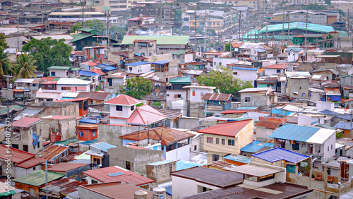 Barangay Sugba in Downtown Cebu, Philippines. One of the poorest neighborhoods in the city. Aerial Drone View