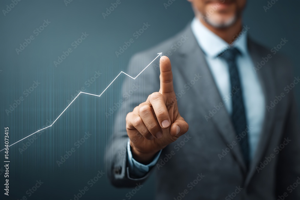 Businessman pointing at upward trending graph showing growth success and financial achievement Businessman pointing at upward trending graph showing growth success and financial achievement