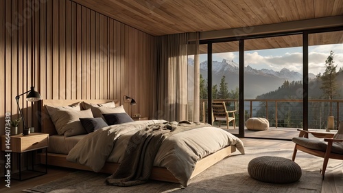Japandi Style Minimalist Bedroom with Mountain View and Natural Wood Interiors