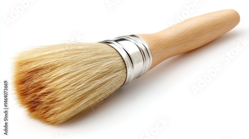Detailed closeup, exploring the textures of a wooden handled brush on simple background