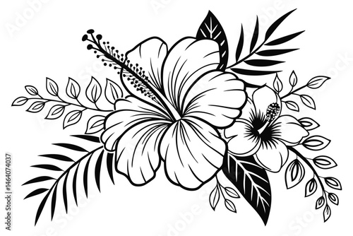 88 Detailed black and white floral illustration, intricate line art, botanical drawing, hibiscus flower, large petals, stamen, tropical foliage, delicate leaves, zentangle-inspired patterns, high cont