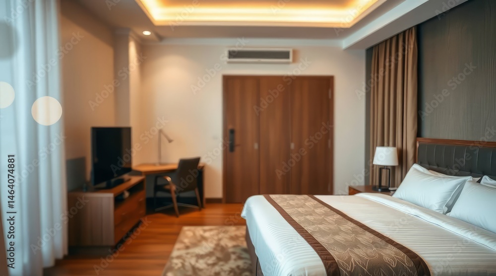 Fototapeta premium Cozy hotel room showcasing a restful bed, workspace, and soft lighting ambiance for relaxation.