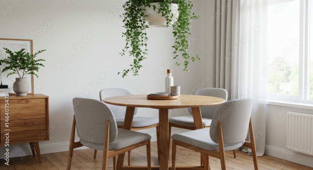 Elegant dining area showcasing a round table with graceful chairs and hanging plant Elegant dining area showcasing a round table with graceful chairs and hanging plant