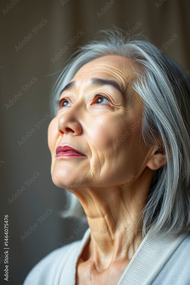 Fototapeta premium Close-up portrait of an elegant Asian woman with silver hair looking upward with gentle expression.