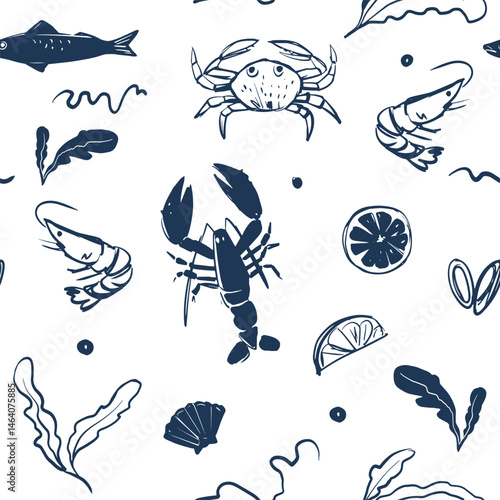 Seafood seamless pattern, set of vector sketchy hand drawn illustrations
