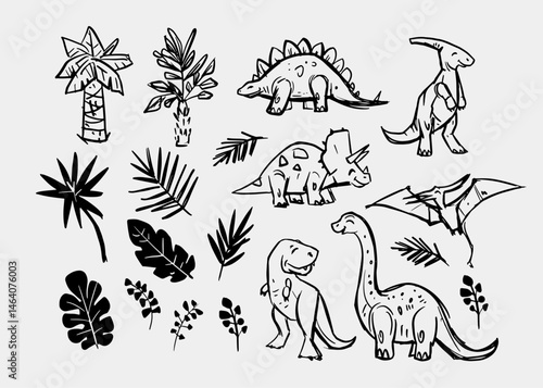 Dinosaurs , set illustrations,monochrome sketch, hand drawn vector