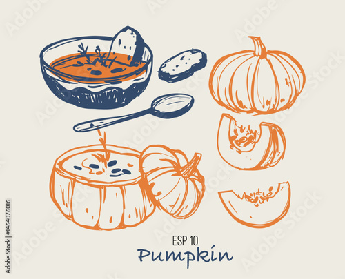 Pumpkin. Doodle style illustrations, soup plate, vector sketches