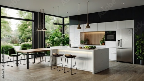 Modern Minimalist Kitchen with Matte White Cabinets and Black Accents

