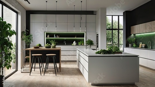 Modern Minimalist Kitchen with Matte White Cabinets and Black Accents

