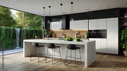 Modern Minimalist Kitchen with Matte White Cabinets and Black Accents

