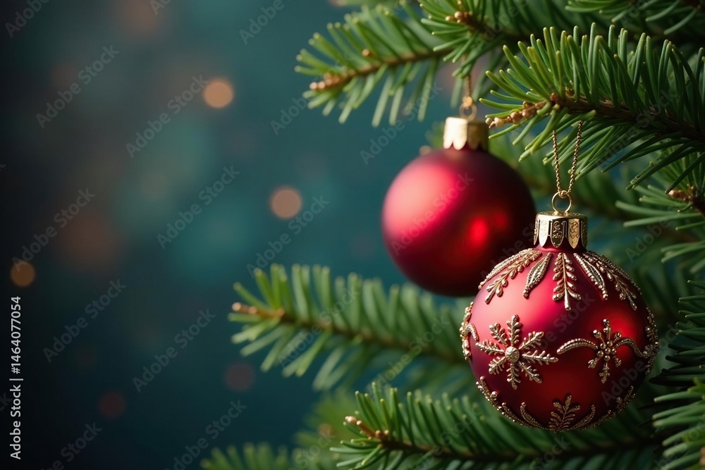 Fototapeta premium Ornate red & gold Christmas ornaments on a tree branch , gold, branch, glitter