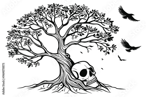 89 Black and white illustration, intricate tree growing from skull, detailed roots, gnarled trunk, lush foliage, birds flying, surreal imagery, dark gothic style, fine line work, high contrast, symbol