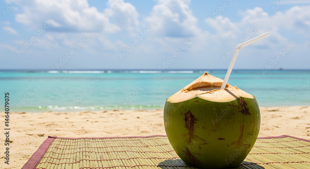 Chilled coconut water served straight from a young green coconut with a straw on a beach
Chilled coconut water served straight from a young green coconut with a straw on a beach