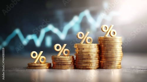 Growing Gold Coin Stacks with Percentage Symbols Showcasing Interest Rate Growth and Financial Success