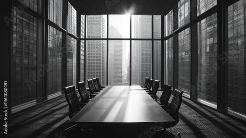 Modern conference room, city view, sunlight, meeting