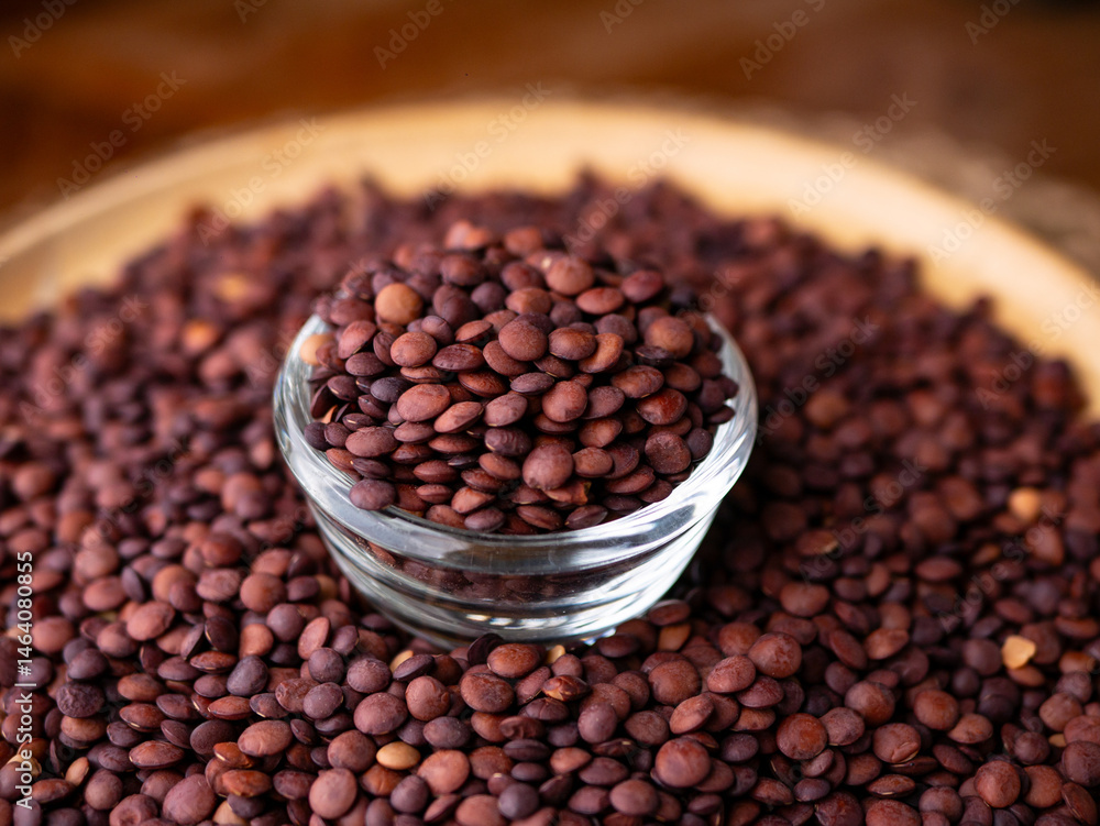 Fototapeta premium Organic uncooked seeds dark red brown lentils.