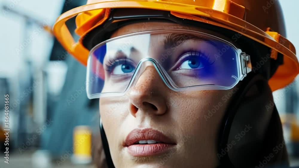 Close-up of a focused female construction worker in safety gear, observing machinery operations Close-up of a focused female construction worker in safety gear, observing machinery operations