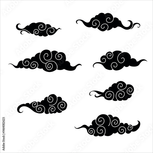Tibetan sky. Smoke. Set Black Asian cloud with moon, sun and stars. Japanese Korean Chinese cloud style. Asian traditional ornaments. Vector illustration