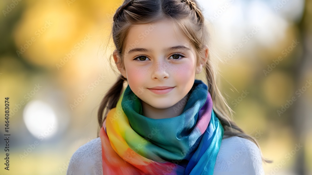 Radiant child wearing colorful patterned scarf. Radiant child wearing colorful patterned scarf.