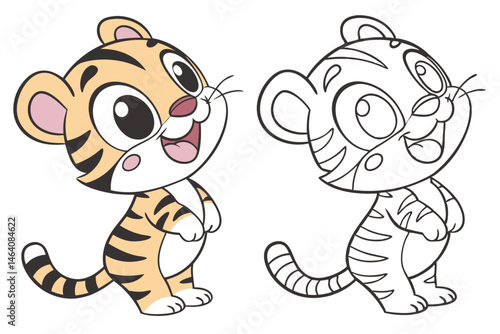 90 Cute cartoon tiger cub, big eyes, smiling expression, black and white stripes, pink ears, colored version and line art version side by side, playful pose, white paws, striped tail, children's book 