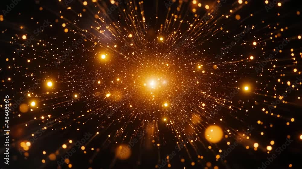 Cosmic light explosion, with golden streaks and bokeh dots radiating outward from a brilliant central core in a dark space Cosmic light explosion, with golden streaks and bokeh dots radiating outward from a brilliant central core in a dark space