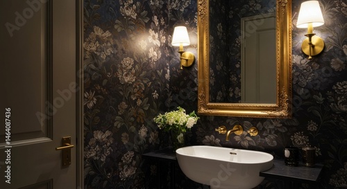 Sophisticated powder room with floral wallpaper and elegant gold accents design