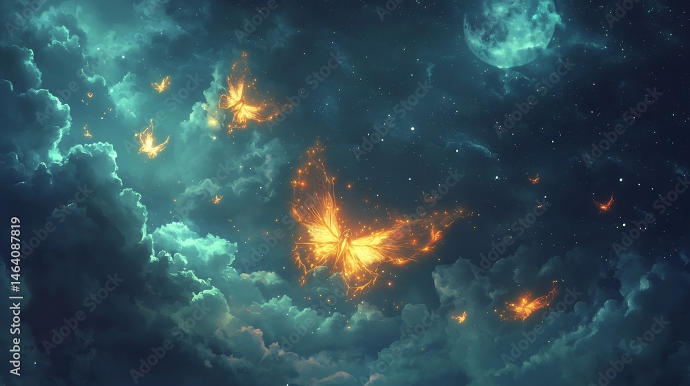 Obraz premium Glowing celestial beings drifting through clouds radiant wings illuminated by moonlight cinematic ethereal sky