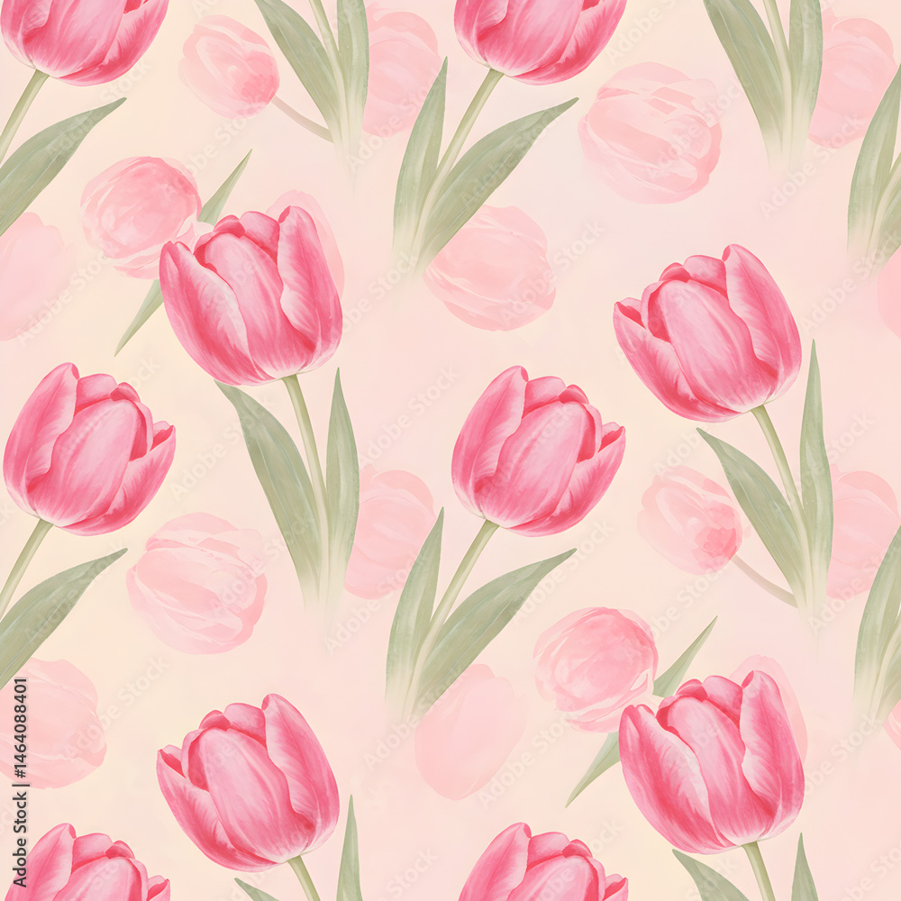 Seamless Pattern of Pink Tulips on a Watercolor Background Seamless Pattern of Pink Tulips on a Watercolor Background