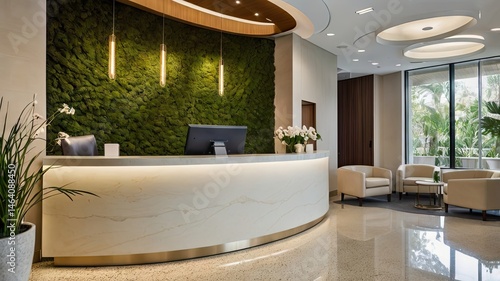 Modern Spa Reception Area with Curved Desk and Green Moss Wall