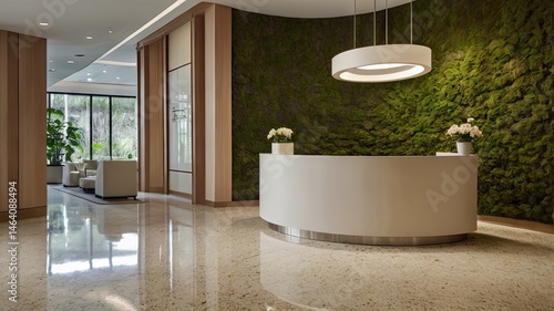 Modern Spa Reception Area with Curved Desk and Green Moss Wall