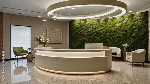 Modern Spa Reception Area with Curved Desk and Green Moss Wall