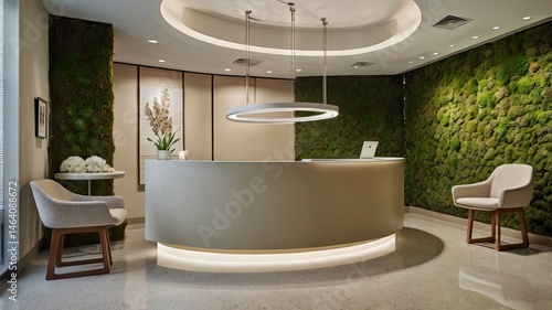Modern Spa Reception Area with Curved Desk and Green Moss Wall