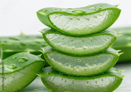 Wallpaper Mural Stacked aloe vera slices with water droplets show the plant's inner gel and spiky edges on a white background Torontodigital.ca