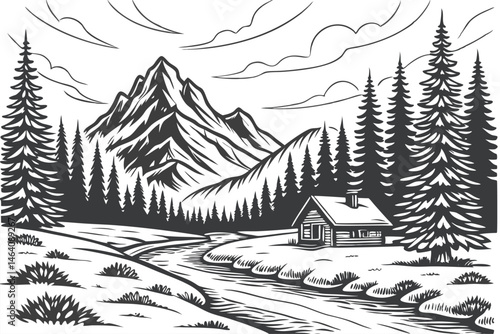 92 Black and white illustration, mountain landscape, pine forest, winding river, small cabin, snow-covered ground, cloudy sky, detailed linework, woodcut style, winter scene, serene wilderness, panora