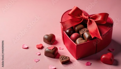 Red heart shaped box with ribbon, overflowing with chocolates , intimacy, treat