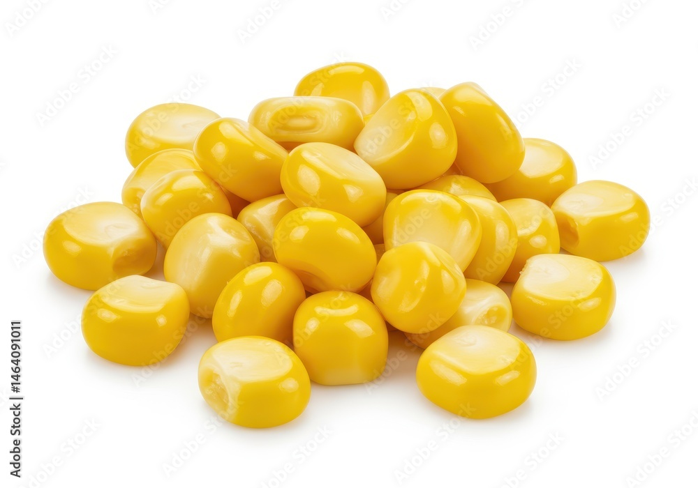 Pile of vibrant yellow corn kernels isolated against a plain white backdrop, showcasing their smooth texture and color Pile of vibrant yellow corn kernels isolated against a plain white backdrop, showcasing their smooth texture and color