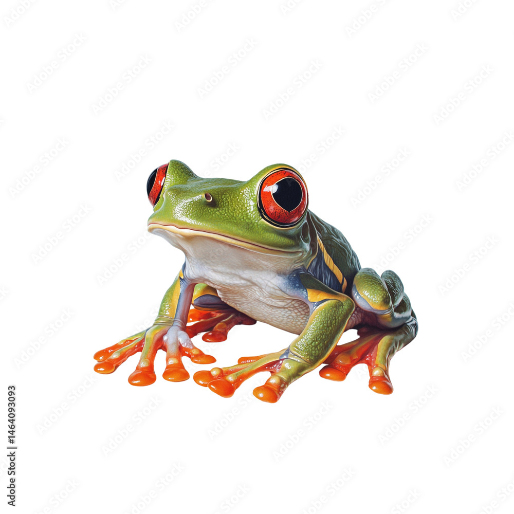 Fototapeta premium red eyed tree frog sits gracefully transparency background, showcasing its striking green body and bright orange feet. This captivating amphibian exudes sense of wonder and beauty nature