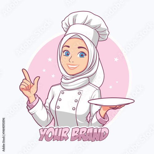 A cheerful Muslim female chef in a white hijab and chef uniform holding a plate, with a pink circular background. Ideal for food or restaurant branding, logos, and culinary-themed designs