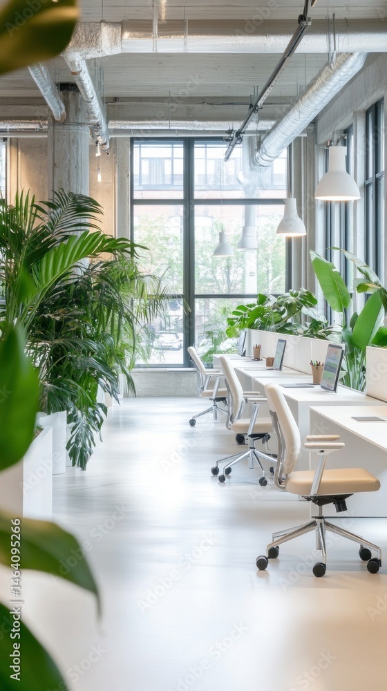 Modern coworking space with greenery creating relaxing atmosphere Modern coworking space with greenery creating relaxing atmosphere