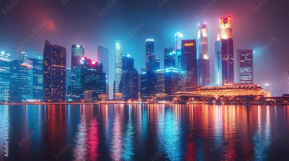 Fototapeta premium Nighttime cityscape with vibrant neon lights reflecting on water