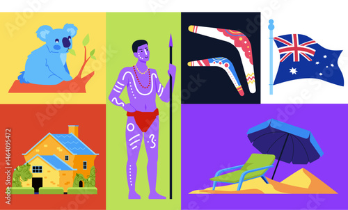 Canvas Print Welcome to Australia - set of flat design style colorful illustrations