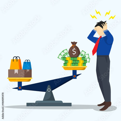Stress businessman standing on the scales with shopping bag, boxes and dollar money. Consumer price rising up, financial crisis, inflation and economy recession. 