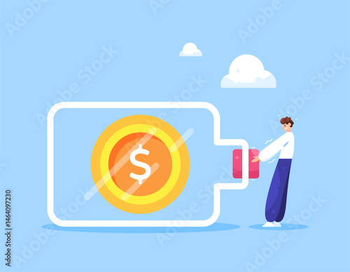 challenge and obstacle concept. effort and ambition to gain income, money and profit. money and earnings. illustration of a man trying to pull a bottle cap to get a gold coin. flat style design
